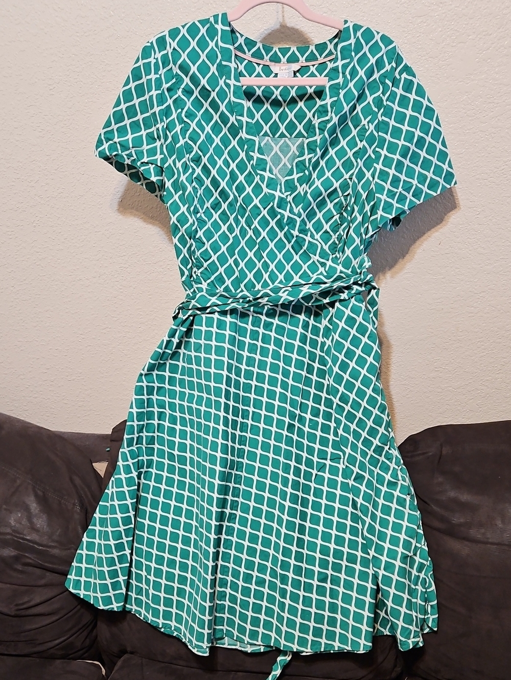 Boden Green and White Geometric Wrap-Style Midi Dress